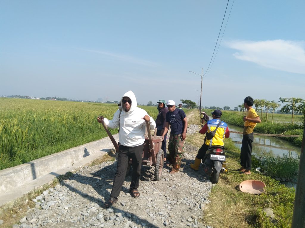 Foto: Kepala Desa Gunung Sari turut membantu warga menarik gerobak saat gotong royong perbaikan jalan desa. Kamis (28/8/2025).